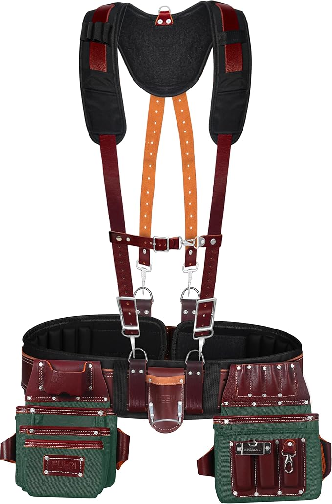 FUERI Tool Belt Men Heavy Duty 26 Pocket Tools Bags Pouches Holder Organizer for Carpenter Construction Electrician Framer Nylon Leather (Maroon & Green Tool Belt Suspender, Extra Large 42" - 48")