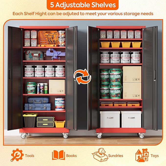 Metal Garage Storage Cabinet with Pegboard, 71''H*32" W*16" D Rolling Tool Cabinets on Wheels with 5 Adjustable Shelves for Garage Home Warehouse Utility Room, Assembly Required,Red and Black