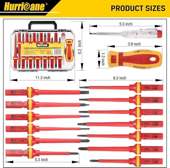 HURRICANE 1000V Insulated Screwdriver Set, 15pc All-in-1 Professional Insulated Electrician Screwdriver Set CR-V Magnetic Robertson Square Phillips Slotted Pozi Torx Insulated Electrician Tool Kit