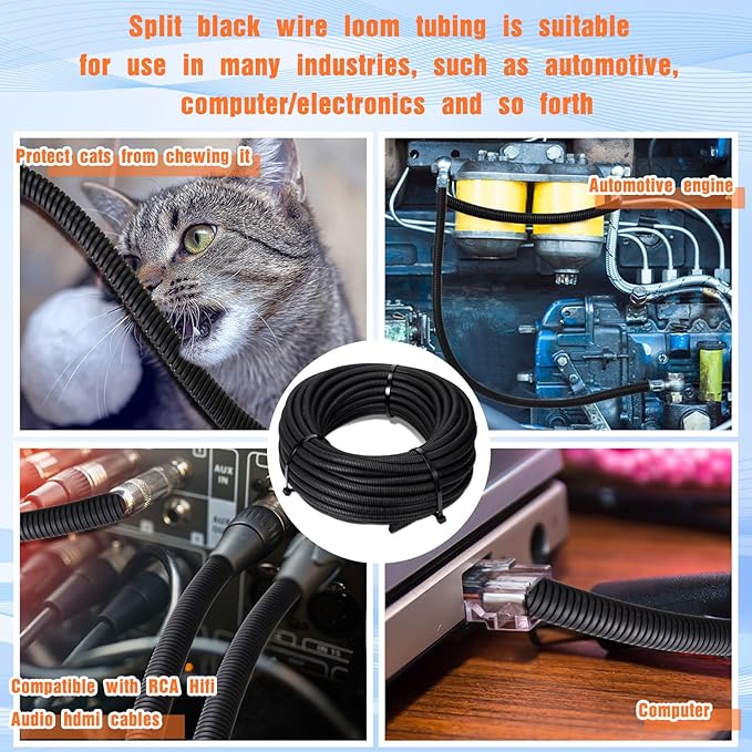 Sasylvia 1/4", 1/2", 3/8" x 300 Ft Split Wire Loom Tubing Automotive Wire Loom Assortment Split Cable Sleeves Bulk Flexible Electrical Conduit Protective kit