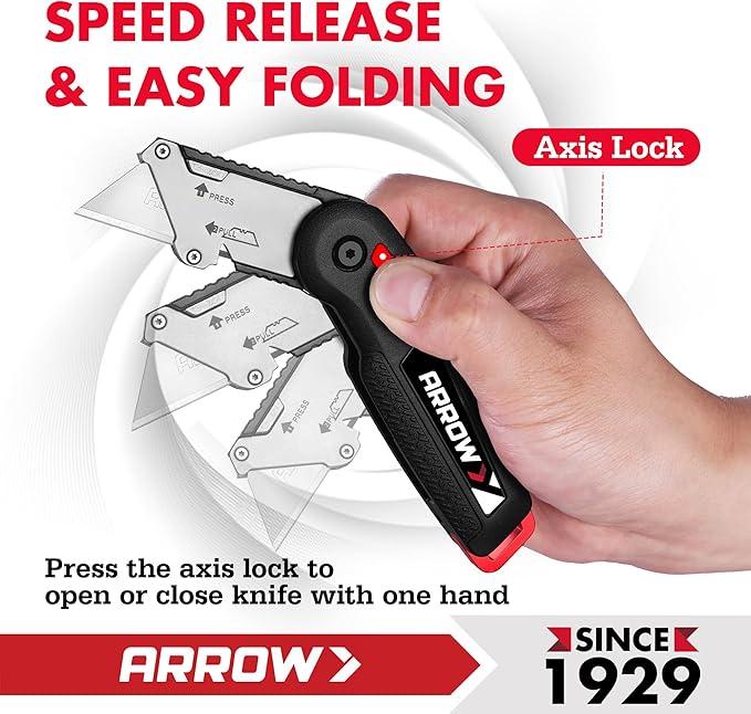 ARROW Utility Knife with Blade Storage Design, Quick Change Box Cutter, Speed Release Folding Knife with Belt Clip and Landyard Hole, Extra 13 Pieces SK2 Blades Included
