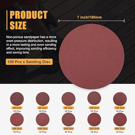 50 Pcs 7 Inch Sanding Disc 40/60/80/100/120/150/180/240/320/400 Grit Round Hook and Loop Sandpaper for Random Orbital Sander Automotive Car