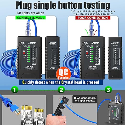NF-468CS Network Cable Tester,RJ45/RJ11/CAT5/CAT6/CAT5E/CAT6A/ CAT7/POE Test UTP/STP Continuity Tester Ethernet Cable Mapper Phone Line CAT3, Ethernet Cable Tester, LAN Cable Test Network Tools