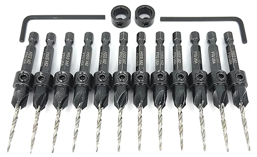 FTG USA Countersink Drill Bit Set for Wood with Tapered Drill Bit 12 Pc #4 (7/64")