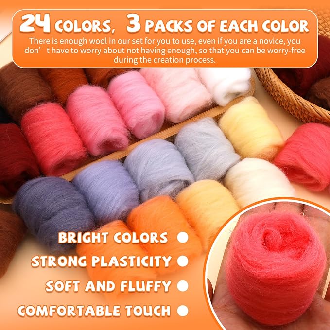 Mayboos 72 Pcs 7.6 oz Needle Felting Wool, 24 Colors Wool Roving Yarn, Fiber - Image 3