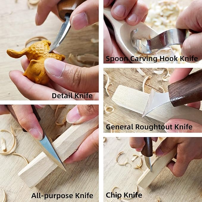 Wood Carving Kit, 16Pcs Deluxe Whittling Set with 8Pcs Whittling Knives & 4Pcs Detail Carving Knives, PU Leather Storage Bag,complete Woodworking Tools for Beginners & Professionals