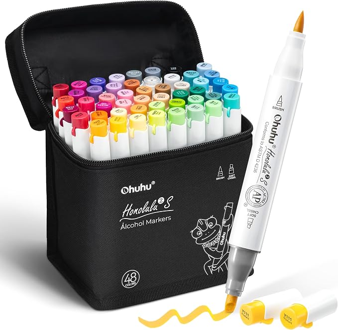 Ohuhu Alcohol Markers 48 Colors Brush& Soft Chisel AP Certified Refillable | by Ohuhu