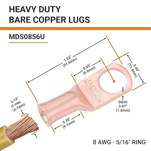 SELTERM 25pcs 8 AWG 5/16" Stud Battery Lugs, Ring Terminals, Heavy Duty Copper Wire Lugs, Battery Cable Ends, 8 Gauge Ring Terminal Connectors, UL Bare Copper Eyelets Electrical Battery Cable Lugs