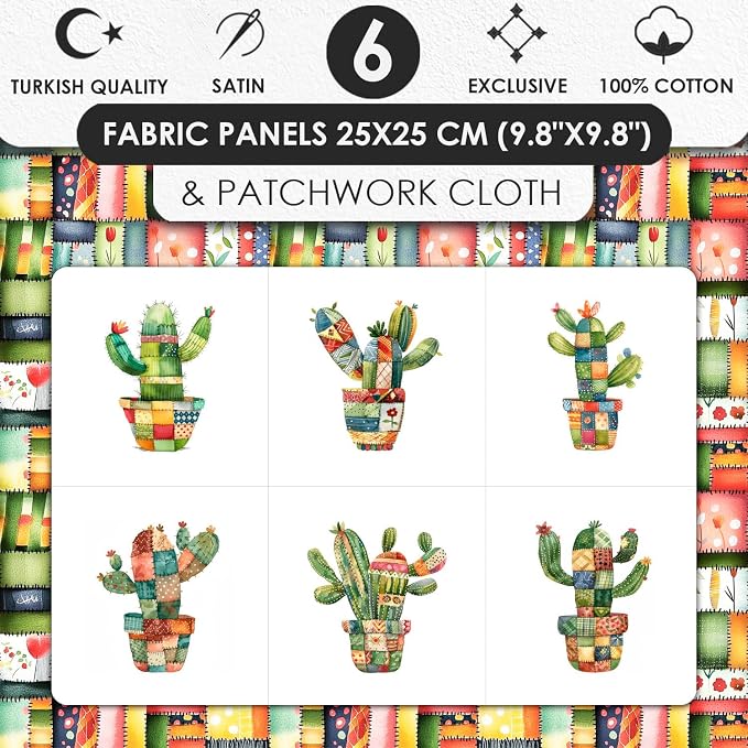 Patchwork Cactus Cotton Fabric Panel – Six 10×10 inch Designs + Bonus 29.5×19.6 - Image 3
