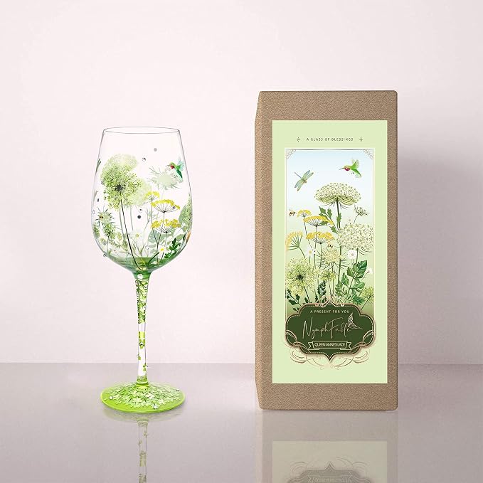 NymphFable Colorful Wine Glass Flower Bird Gragonfly Artisan Painted 15oz - Image 6