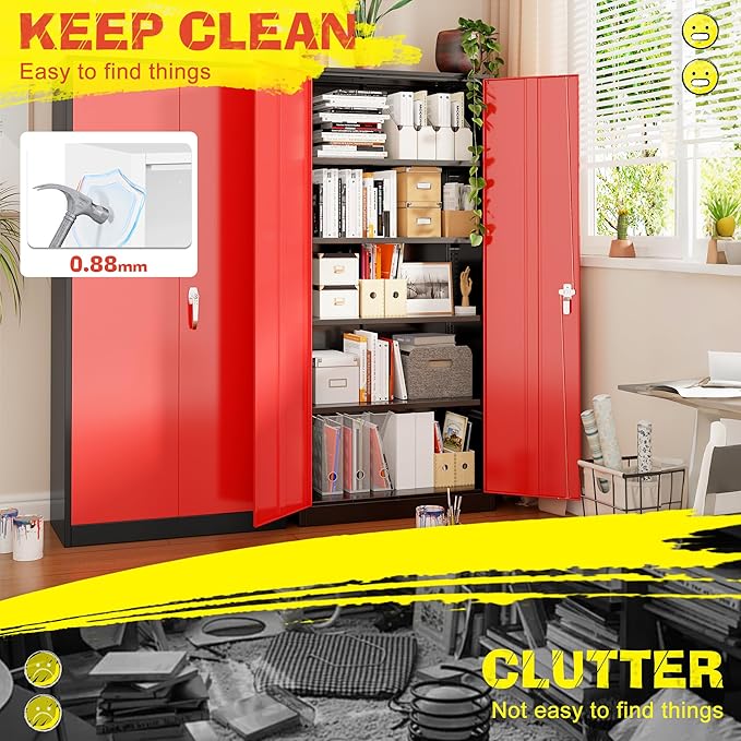Pataku Metal Storage Cabinet, 71" Garage Cabinet with Doors and Shelves Lockable Steel Multifunctional Cabinets, File Cabinets for Home, Office, Warehouse(Black Red)