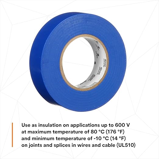 3M Temflex Multi-Purpose Vinyl Electrical Tape 165, Blue, 3/4 in x 60 ft (19 mm x 18 m), 10 Roll Pack