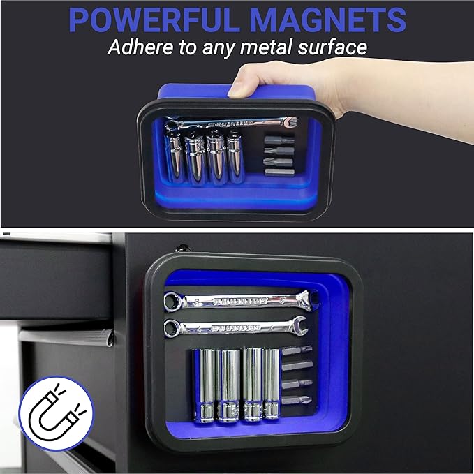 Collapsible Magnetic Parts Tray Set, Magnetic Tray for Mechanic's, 3 Different Size Tool Trays for Small Metal Parts, Cool Mechanic Tools, Cool Gifts for Mechanic (Blue)