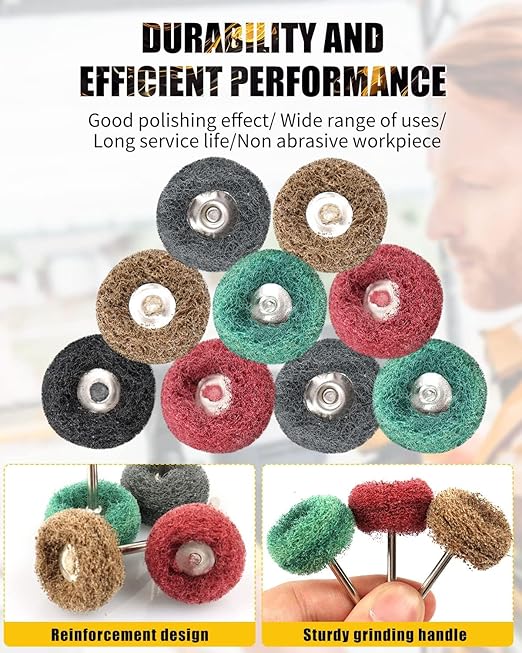 Rocaris 200 Pcs Abrasive Buffing Wheels, 1 inch Abrasive Buffing Polishing Wheels Burr for Rotary Tools-1/8(3mm) Shank, 120Grit, 180Grit, 320Grit, 400Grit, 600Grit