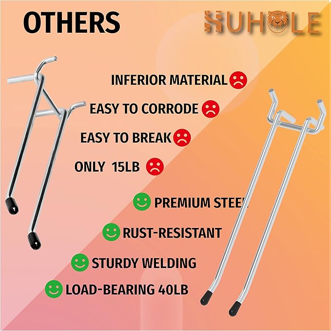HUHOLE Double Arm Pegboard Hooks 6 Inch 10PC, Fit 1/4" Pegboard, Ideal Peg Board Tool Utility Hooks for Garage Organization, Wall Storage, Heavy Duty Tool Holder with Protecting Tip