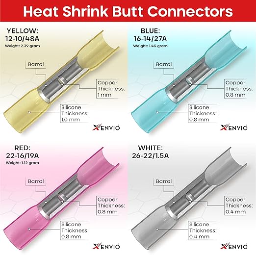 300PCS Heat Shrink Butt Connectors Kit - Xenvio Multi-Size Tinned Red Copper Marine Grade Electrical Wire Connectors – Waterproof Insulated Butt Splice for Cable, Cars, Boats & Wiring
