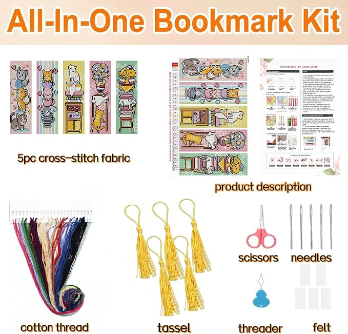 5pc Cat Bookshelf Stamping Cross Stitch Kit - Image 2