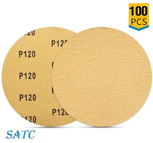 S SATC 100 PCS PSA Sanding Discs 6 Inch Adhesive Backed Sandpaper 120 Grit Sander Attachment for Drill Self Stick Aluminum Oxide Round Automotive Sandpaper with Sticky Back