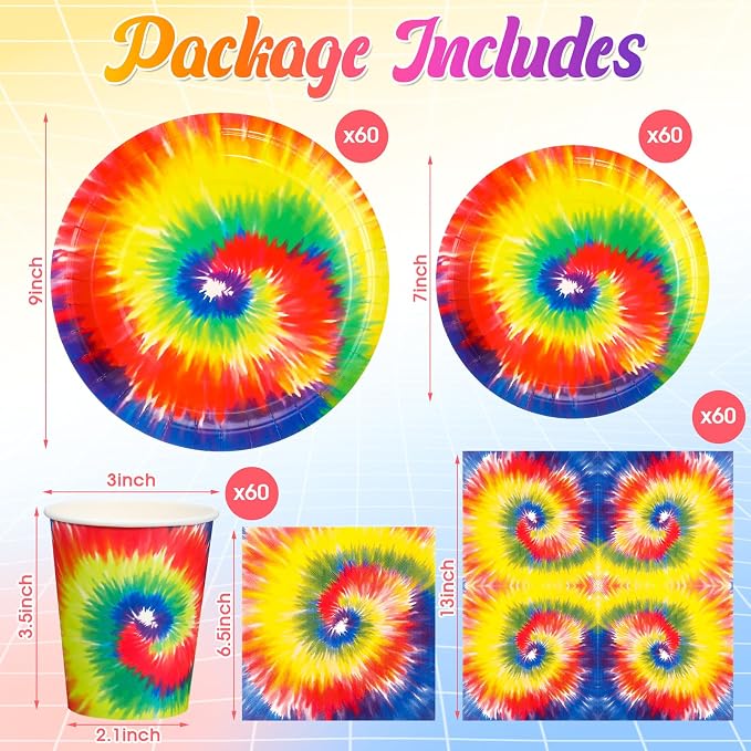 Mimorou 240 Pcs Tie Dye Party Tableware Set Decorations, 120 Plates, 60 Cups & - Image 2