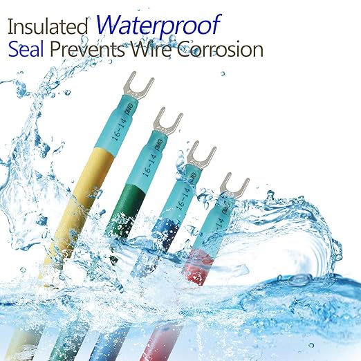 Hordion 100PCS 16-14 AWG Fork Connector, Blue Heat Shrink Fork Terminals Waterproof and Insulated Electrical Crimp Connectors for Boat Truck Stereo