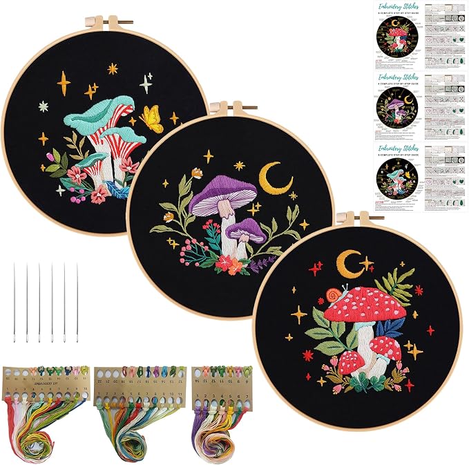 Nuberlic 3 Pack Embroidery Kit for Beginners, Mushroom Cross Stitch Kit | by Nuberlic