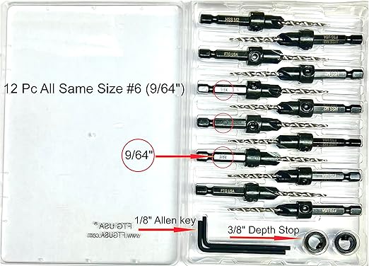 FTG USA 12 Pc #6 (9/64") Countersink Drill Bit Set for Wood with Tapered Drill Bit