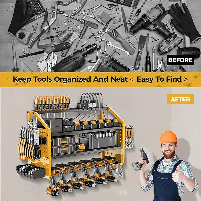 LBT Power Tool Organizer With Charging Station,Patented,Heavy Duty Steel,6 Drilling Rig Sizes With Hooks And Screw Boxes,6 sockets,Easy To Install Garage Storage Rack,Great Gift For Men, Yellow
