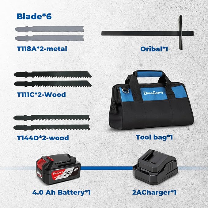 Dong Cheng 20V Brushless Jigsaw, 26mm Stroke, 800-3500 SPM, 0-45° Bevel, 6-Speed, Orbital Action, Dual LED, Dust Blower, with 4Ah Battery, Charger, 6 Blades, Guide Rail & Tool Bag