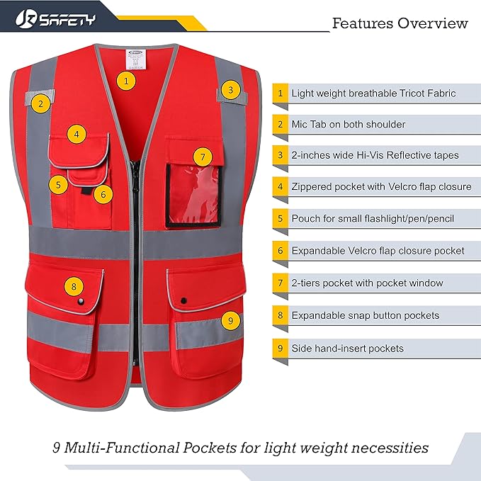 JKSafety 9 Pockets High Visibility Zipper Front Safety Vest With Reflective Strips,Meets ANSI/ISEA Standard (Medium, 150-Red)
