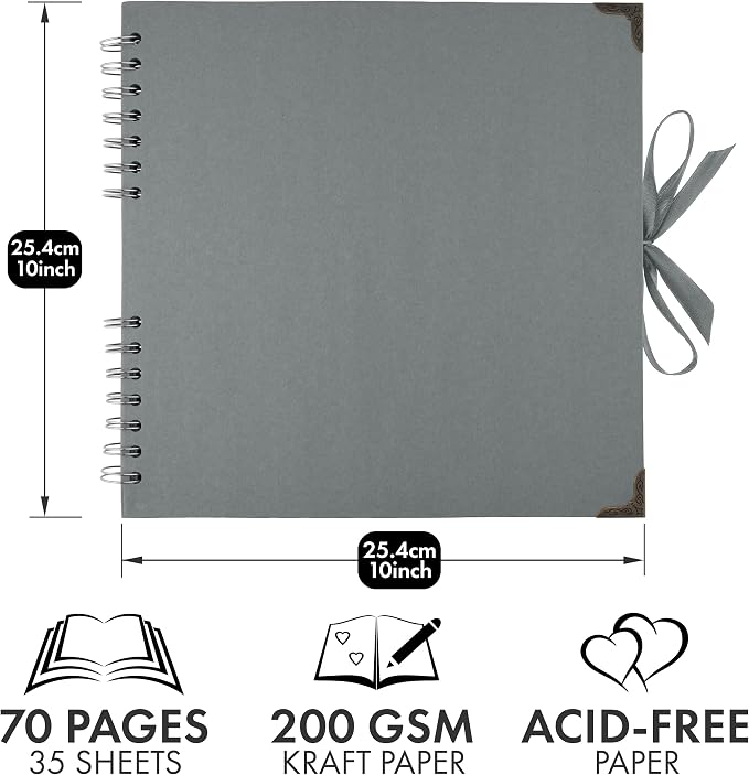 Bstorify 10 x 10 Inches Scrapbook Album 70 Pages Grey Thick Kraft Paper Corner - Image 2