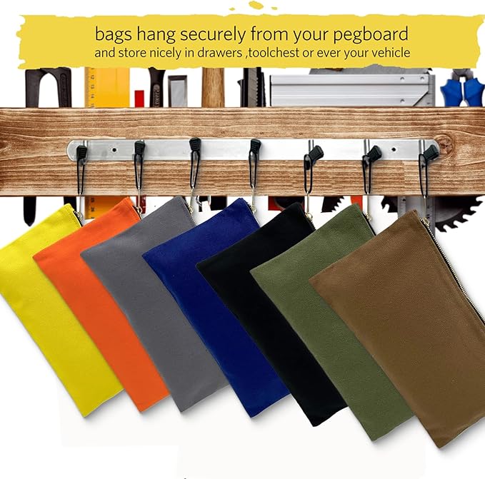 7 Pack Canvas Tool Bag Zipper Pouch - Heavy Duty 16 oz. Canvas Tools Utility Pouches, Multipurpose Storage Organizer Tote Bags with Dependable Metal Zippers, 12.5 x 7-Inch