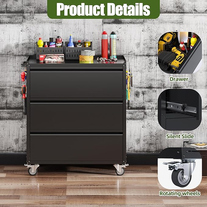 Metal Storage Cabinet with 3 Drawer and 4 Hooks,35.4" H Top Workbench Mobile Tool Chests Garage Cabinets with 4 Wheels,Tool Cabinets for Home,Office,Shop