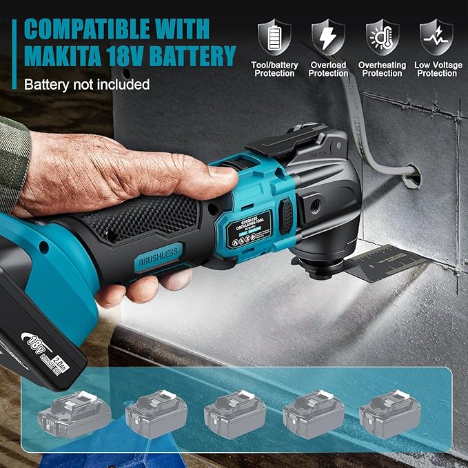 Cordless Oscillating Tool Compatible with Makita 18V Battery, 6 Variable Speed Brushless Tool, Oscillating multi tool kit for Cutting Wood Drywall Nails Remove Grout & Sanding(No Battery）