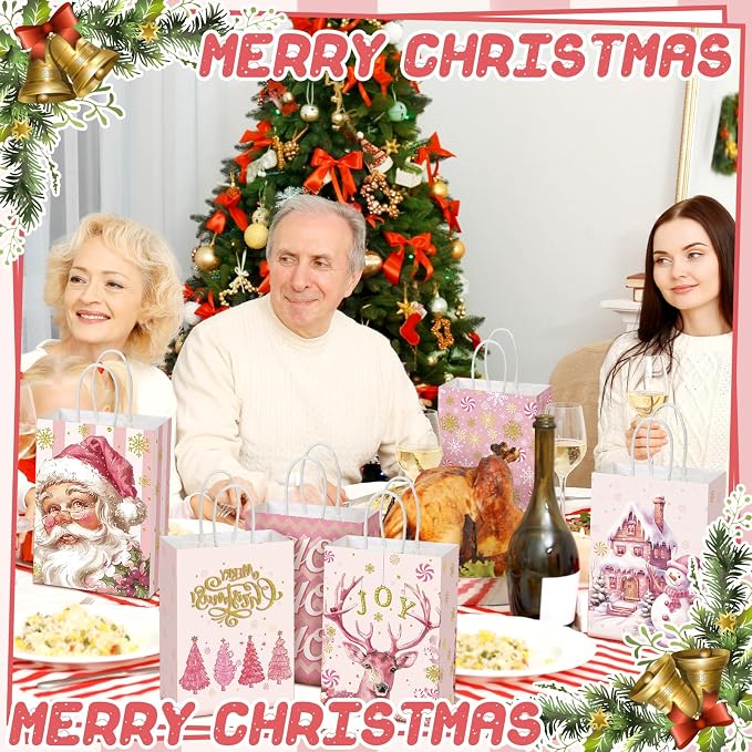 Kolldenn 48 Pcs Pink Christmas Party Favors Bags Christmas Goodie Gift Bags - Image 6