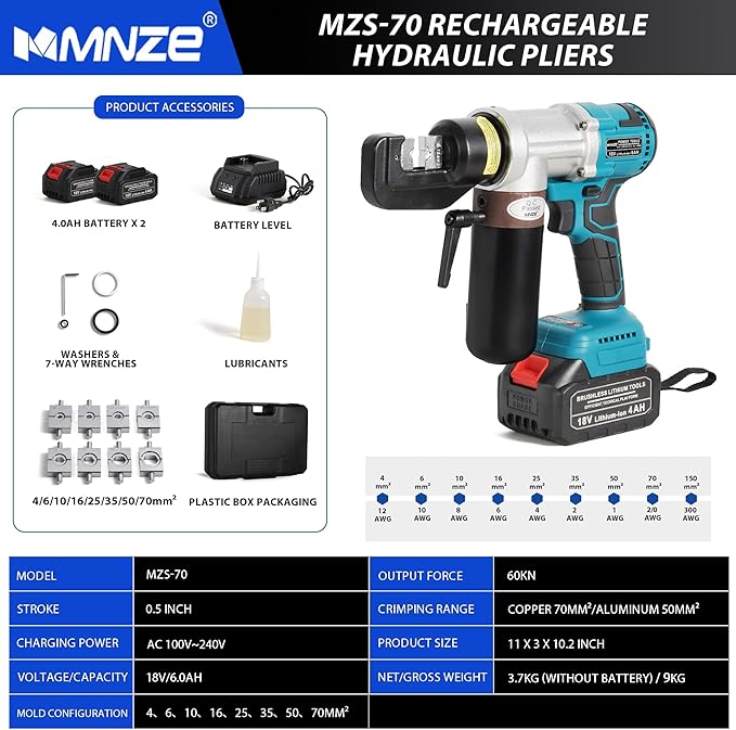 Electric Hydraulic Cable Lug Crimping Tool 12 AWG to 2/0 AWG Rechargeable Hydraulic Electrical Terminal Cable Lug Wire Crimping Crimper Tool Kits with 8 Dies