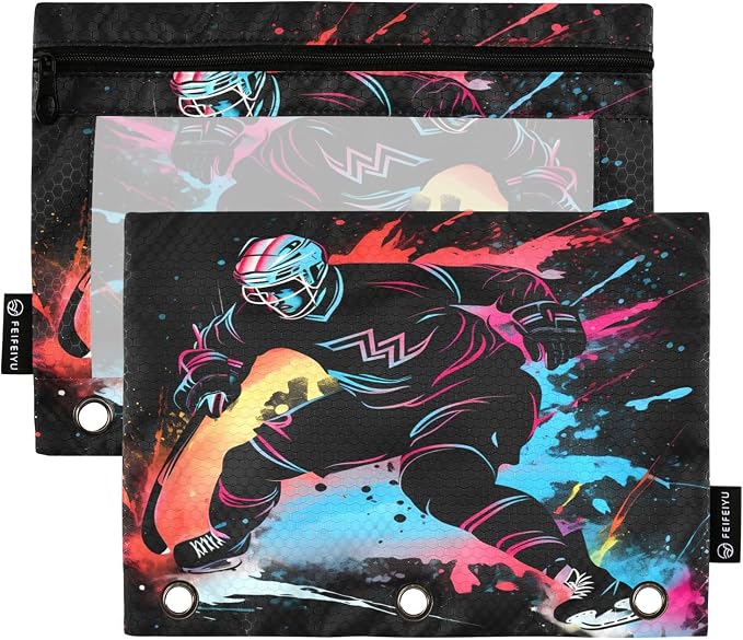 Hockey Player Pencil Pouch for 3 Ring Binder, 2 Pack Waterproof Pencil Bags by BOENLE-WELCOMEYOURCOMING