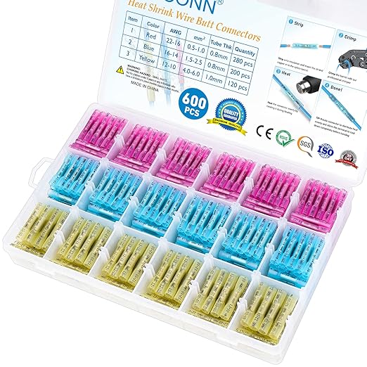 TICONN 600PCS Heat Shrink Butt Wire Connector Kit, Insulated Waterproof Electrical Wire Crimp Terminals Butt Splice for Marine Automotive (600PCS)