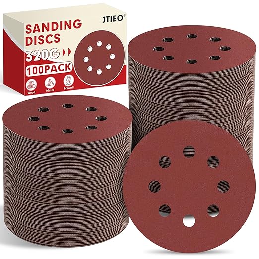 JTIEO 5 Inch Sanding Discs – 100 PCS 320 Grit Sandpaper Assortment, Hook & Loop Orbital Sander Pads, Round Sanding Pads for Random Orbital Sanders