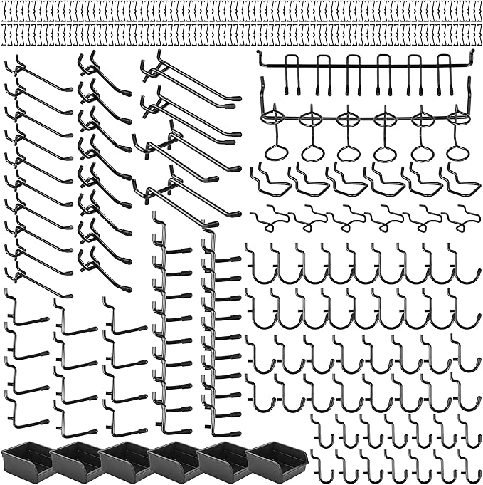 196 PCS Extra Thick Pegboard Hooks Set, Fit 1/4" Peg Board for Hanging Storage, Black Heavy Duty Metal Pegboard Accessories with Pegboard Bins for Garage Wall Organizer