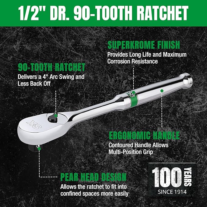 SK 1/2" Drive Ratchet Handle, Pear Head, 90-Tooth Ratchet, Alloy Steel, with Contoured Handle