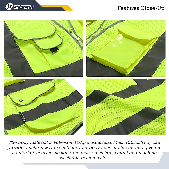 JKSafety 9 Pockets High Visibility Safety Vest for Men and Women, Hi-Vis Reflective Yellow Safety Vests with Zipper Front, Meet ANSI/ISEA Class 2 Type R(159-Yellow 5XL)