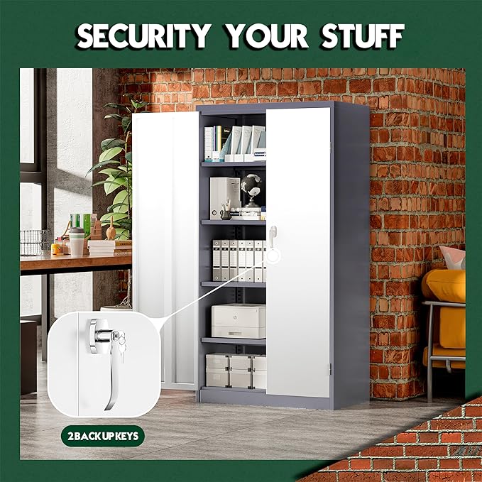 Greenvelly Metal Storage Cabinet with 2 Doors and 4 Adjustable Shelves, Lockable Steel Tool Cabinet for Home, Office, Garage, Classroom (Grey White)