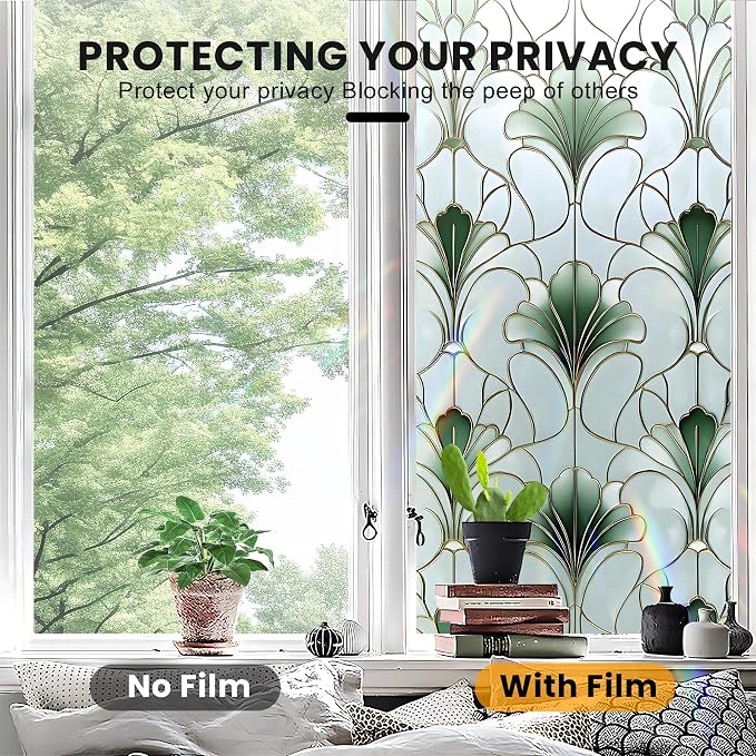 Stained Glass Window Privacy Film: Non-Adhesive Sun and Landscape Mosaic Design - Image 5