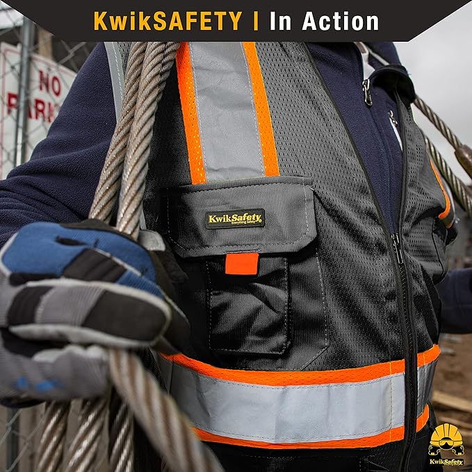 KwikSafety - Charlotte, NC - UNDERBOSS Safety Vest [11 POCKETS] Premium ANSI Class Unrated High Visibility Vest Construction Surveyor Reflective Vest Industrial Work Safety Vest for Men/Black Medium