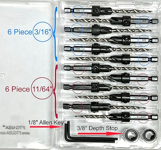 FTG USA Countersink Drill Bit Set for Wood with Tapered Drill Bit 6 Pc #8 (11/64"), 6 Pc #10 (3/16")