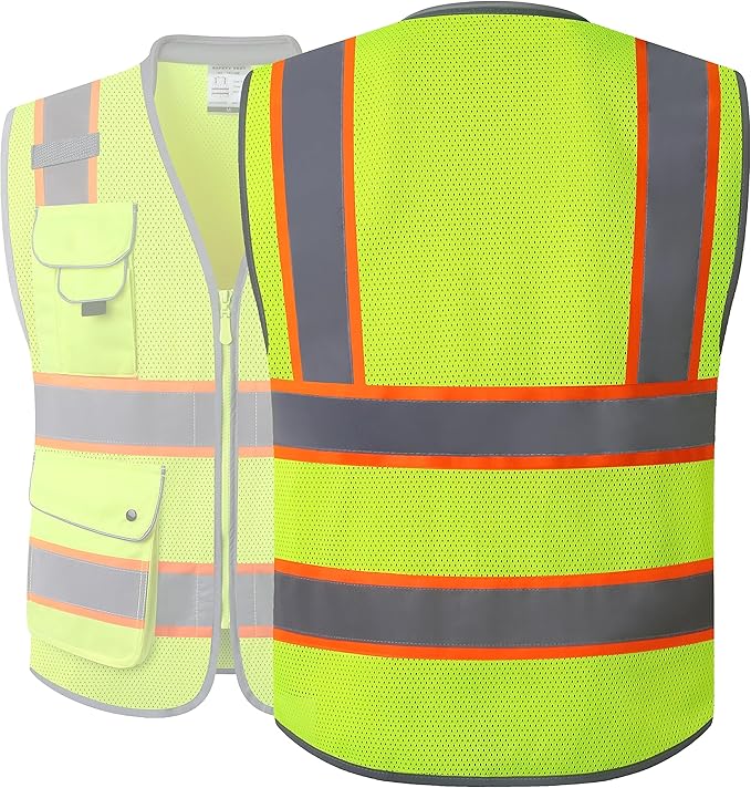 JKSafety 9 Pockets Hi-Vis Safety Vest Breathable Mesh Fabric Cushioned Collar Work Utility PPE Lightweight Industrial Work Gear ANSI/ISEA compliant (101-Yellow 3XL)