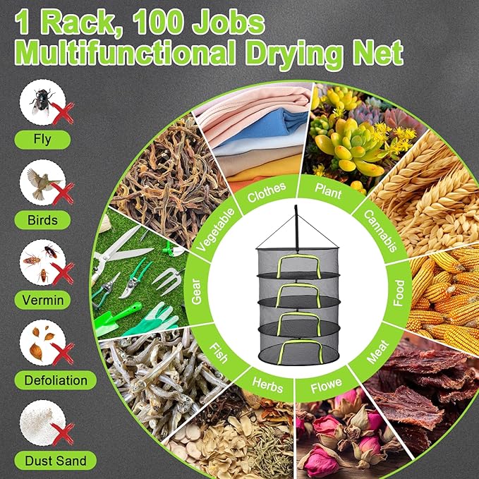 LUKETURE 4-Layer Herb Drying Rack Hanging Mesh Net,Windproof Drying Rack w/U-Zipper Design & Hook - Foldable & Collapsible for Plants, Herbs, Flowers, Fish, Clothes | Save Space | Natural Drying
