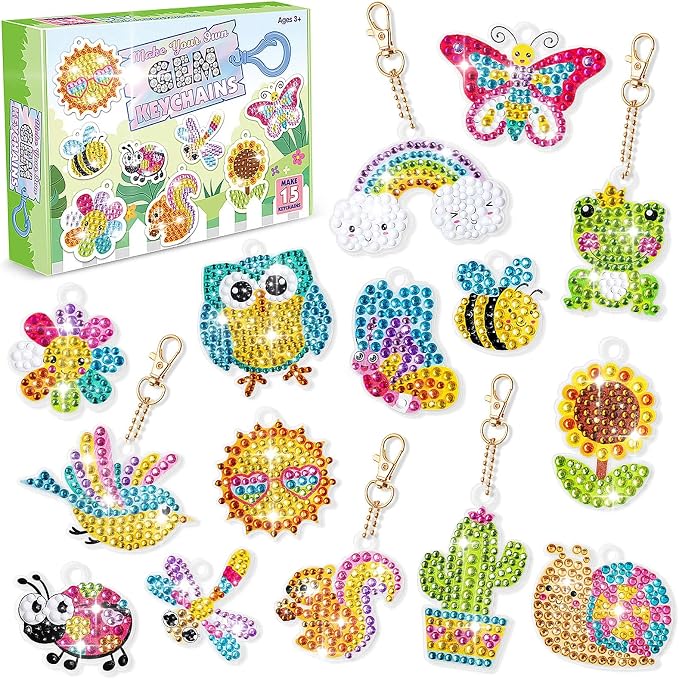 FFNIU Diamond Art for Kids, 15 Pack Diamond Art Painting Keychains, DIY Gem 5D - Image 3