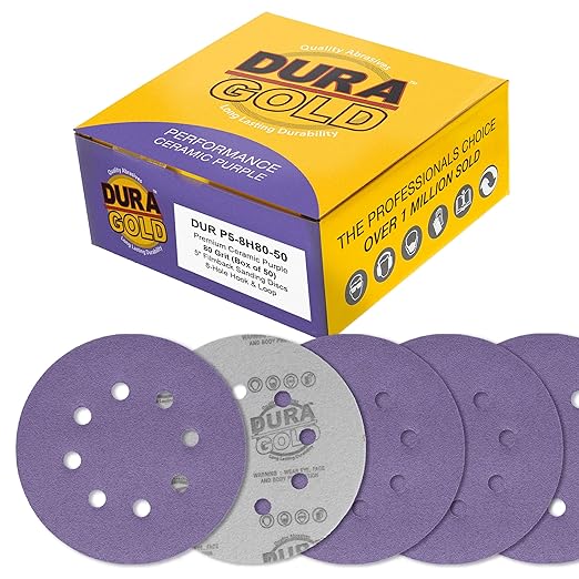 Dura-Gold Premium 80 Grit 5" Purple Film Ceramic Sanding Discs, 8-Hole Pattern, Box of 50 - Dustless Hook & Loop Backing Sandpaper for DA & Random Orbital Sanders - Sand Auto Paint, Wood, Woodworking