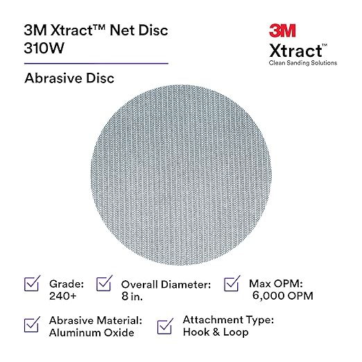 3M Xtract Net Disc 310W, 240+, 8 in, Die 800L, Pack of 50 Hook and Loop Sanding Discs, Virtually Dust-Free, Value Option for Metal, Wood, Composites, Stock Removal, and Fine Finishing